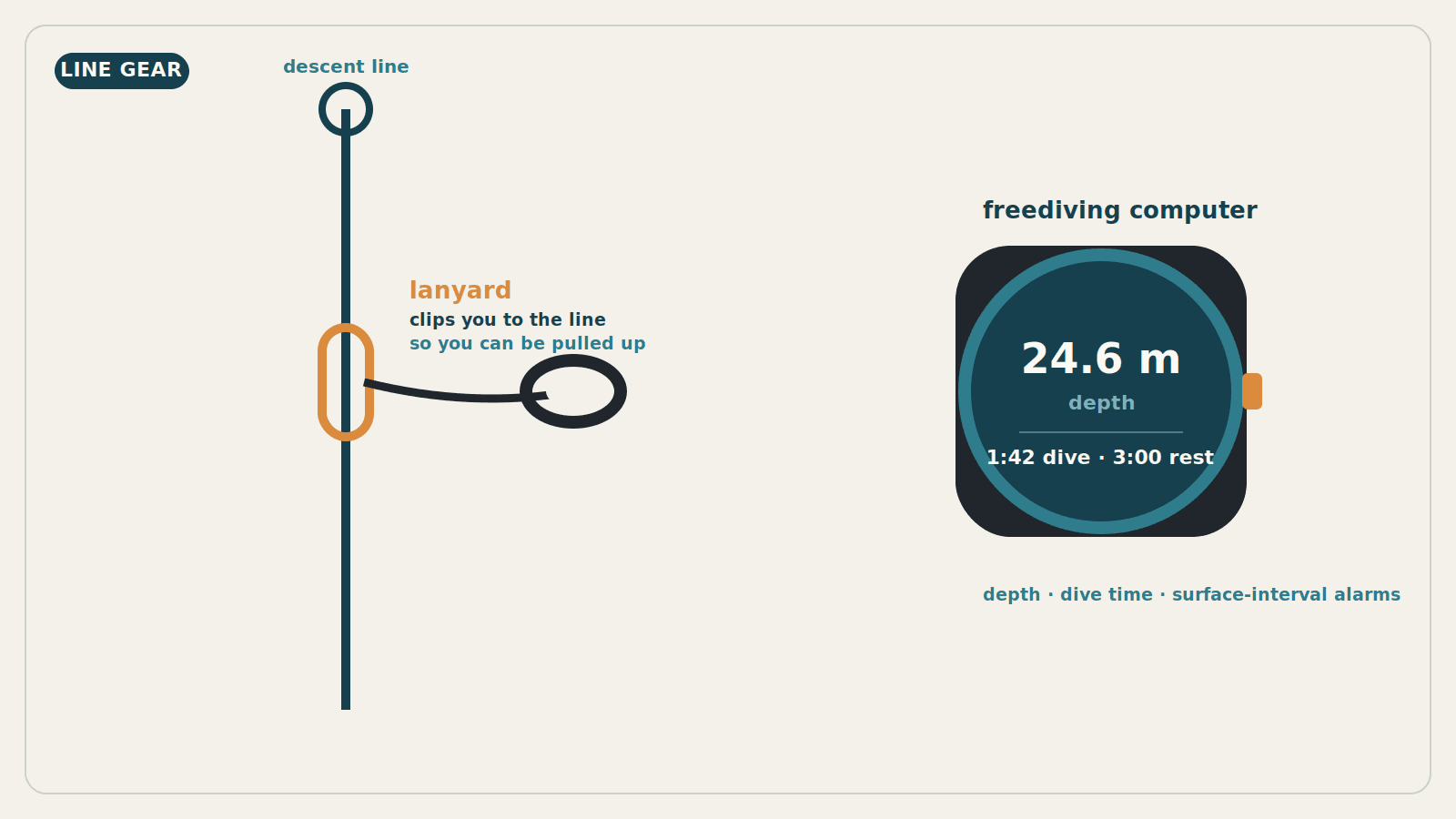 Diagram showing a lanyard clipped to a vertical descent line with a wrist cuff, alongside a freediving dive computer displaying depth, dive time, and surface-interval recovery