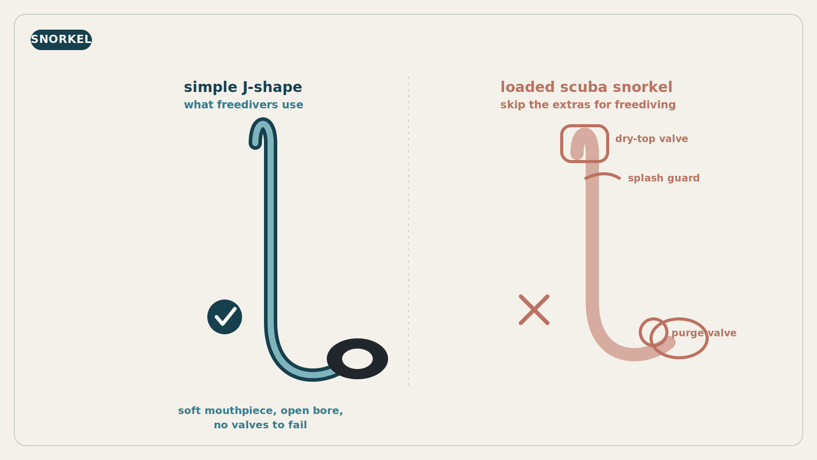 Comparison diagram: a simple J-shaped freediving snorkel on the left, marked with a check, versus a scuba snorkel loaded with a dry-top valve, splash guard, and purge valve on the right, marked with a cross