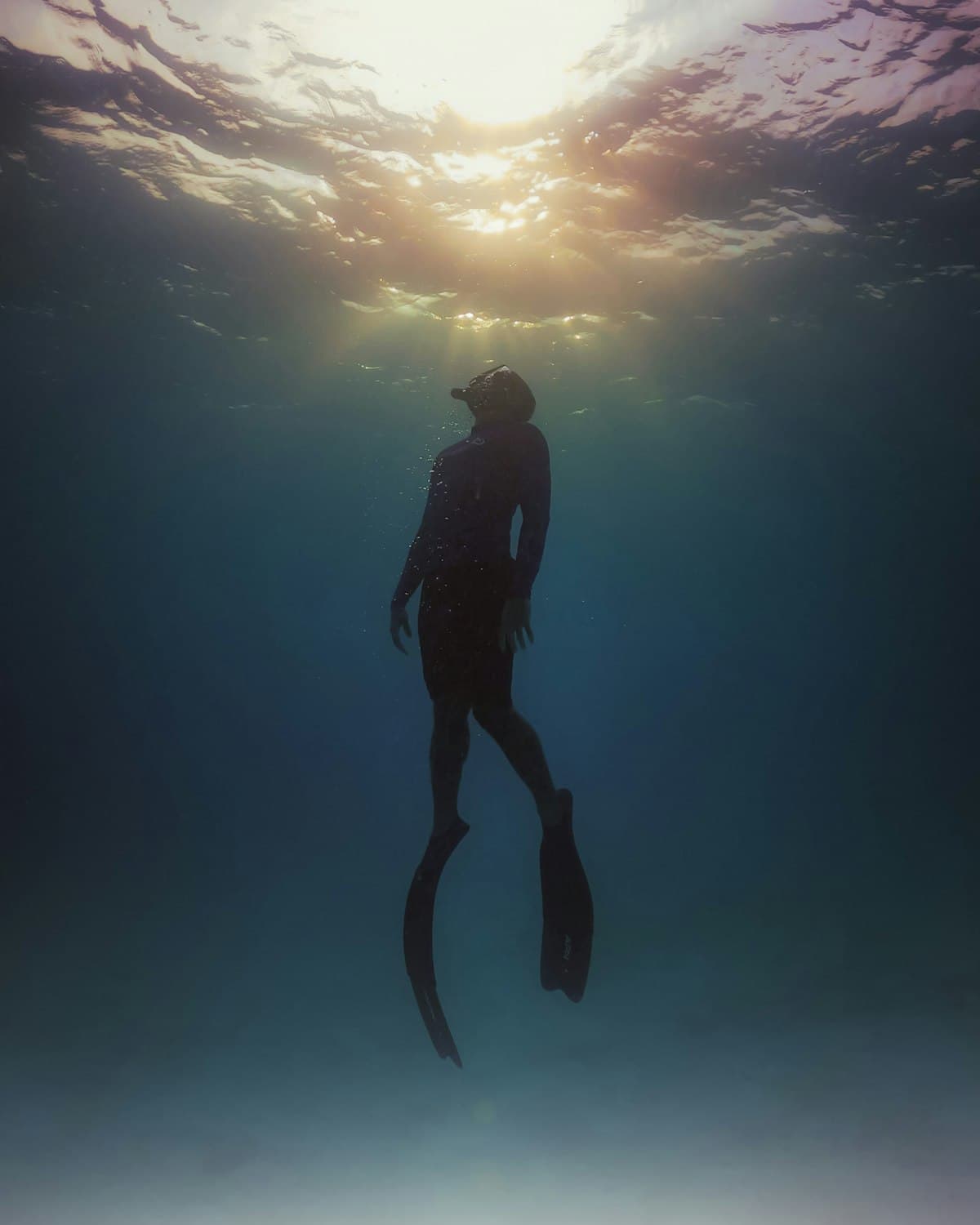 A freediver silhouetted against the warm glow of the surface