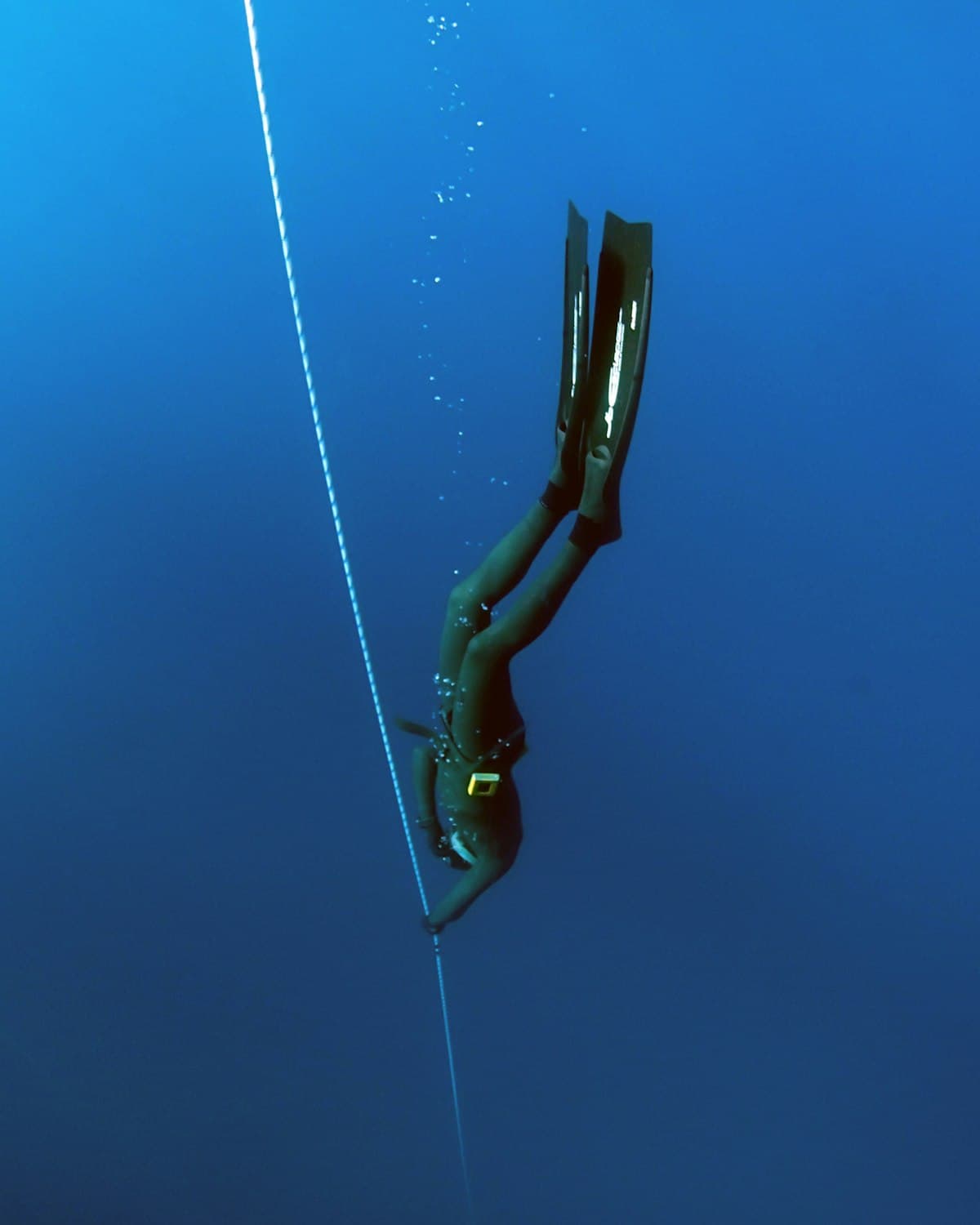 A freediver descending headfirst alongside a dive line into deep blue