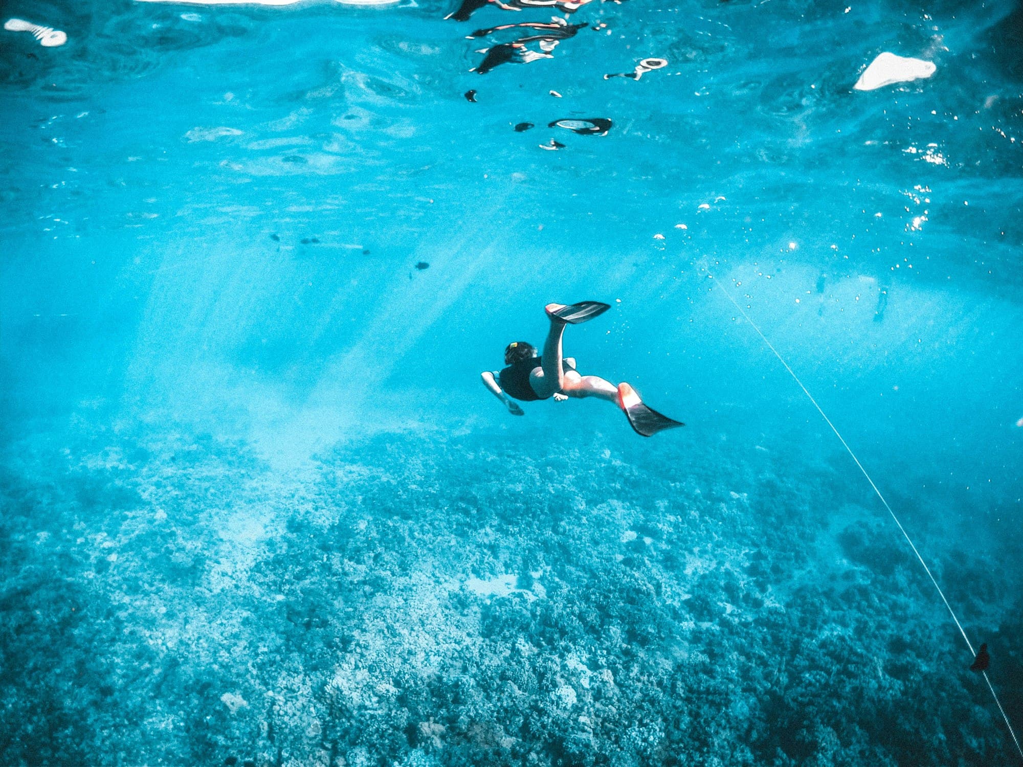 A calm freediver gliding just beneath the surface over a shallow reef